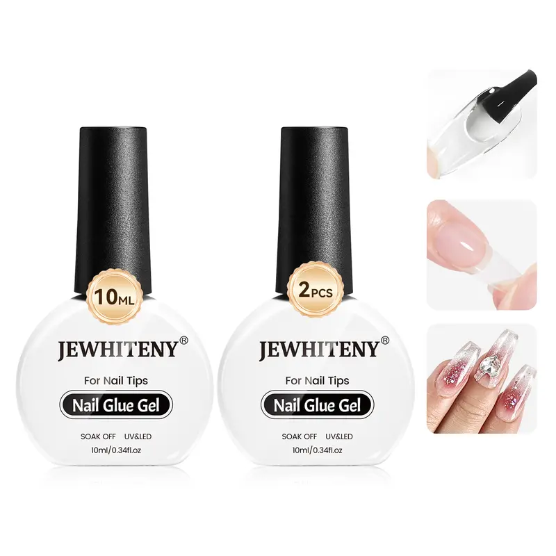 JEWHITENY New Upgraded UV-Cured Gel Nail Glue Bottles, 2x10ML Unisex Formula for Press on Nails & False Tips, Long-Lasting, Box-Included for DIY Home Use