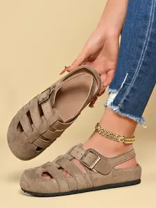 Women's Summer New Fashion Casual Retro Vintage Style Closed Toe Sandals, Comfortable Shoes, Retro Cutout Buckle Flat Sandals Non-Slip Walking Shoes