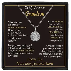Stainless Steel Compass Pendant Necklace Grandson Gift (with Card And Gift Box)