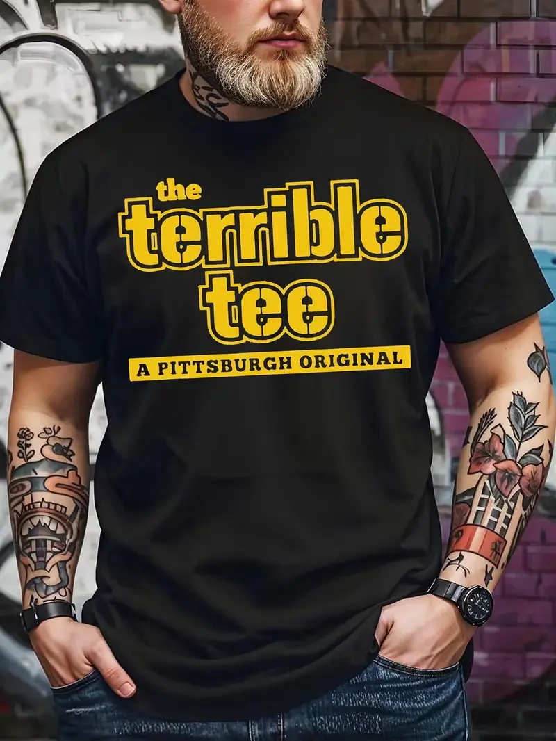 Men's Pittsburgh Football Team Logo T-Shirt- Cotton Casual Short Sleeve Crew Neck Shirt with Iconic Mascot and Football Design, All-Season Fan Style, Holiday Gift