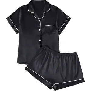 Silk Satin Pajama Set for Women 2 Piece Lounge Pjs Winter Matching Summer Sleepwear Button Down Shirt ShortsGift