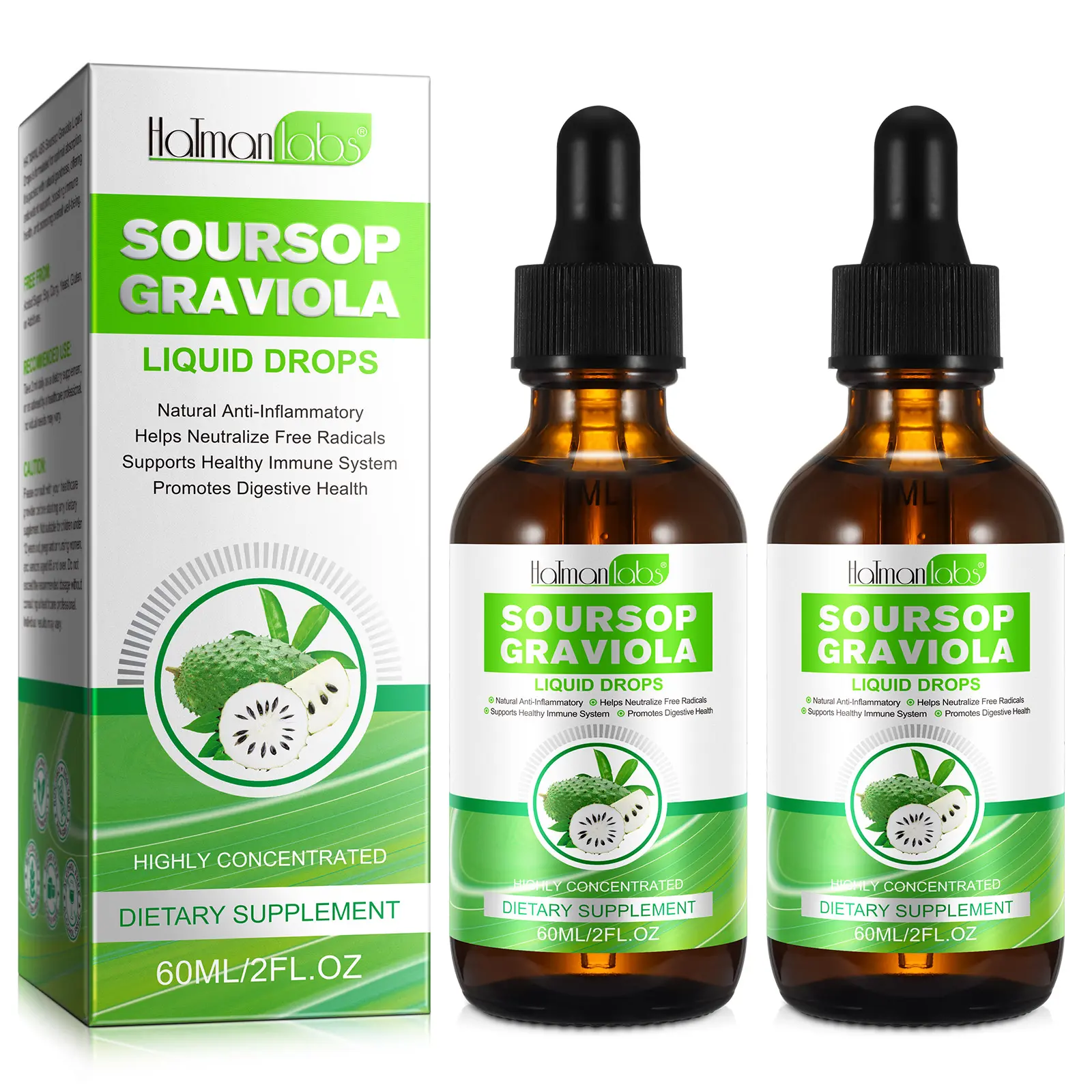 [Buy 1 Get 1 Free]Acentiallabs Soursop Graviola Liquid Drops 2-Pack (1800mg per Bottle) - Highly Concentrated Antioxidant & Immune Support Formula with Vitamin C, Alcohol-Free, Vegan, Non-GMO, 120mL Total (60-Day Supply),  Healthcare