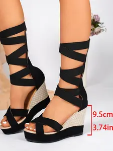 Women's Summer Thick Sole Wedge Sandals, Fashionable Braided Rope Strap Design, Comfortable Large Size Shoes for Daily Wear