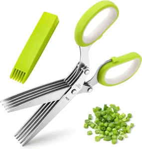 Herb Scissors, Multipurpose 5 Blade Kitchen Herb Shears Herb Cutter with Safety Cover and Cleaning Comb for Chopping Basil Chive Parsley (Green)