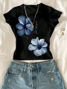 1 Piece Women’s Blue Floral Print Fitted T-Shirt, Bohemian Style Soft Top for Daily Casual Wear and Summer Outings