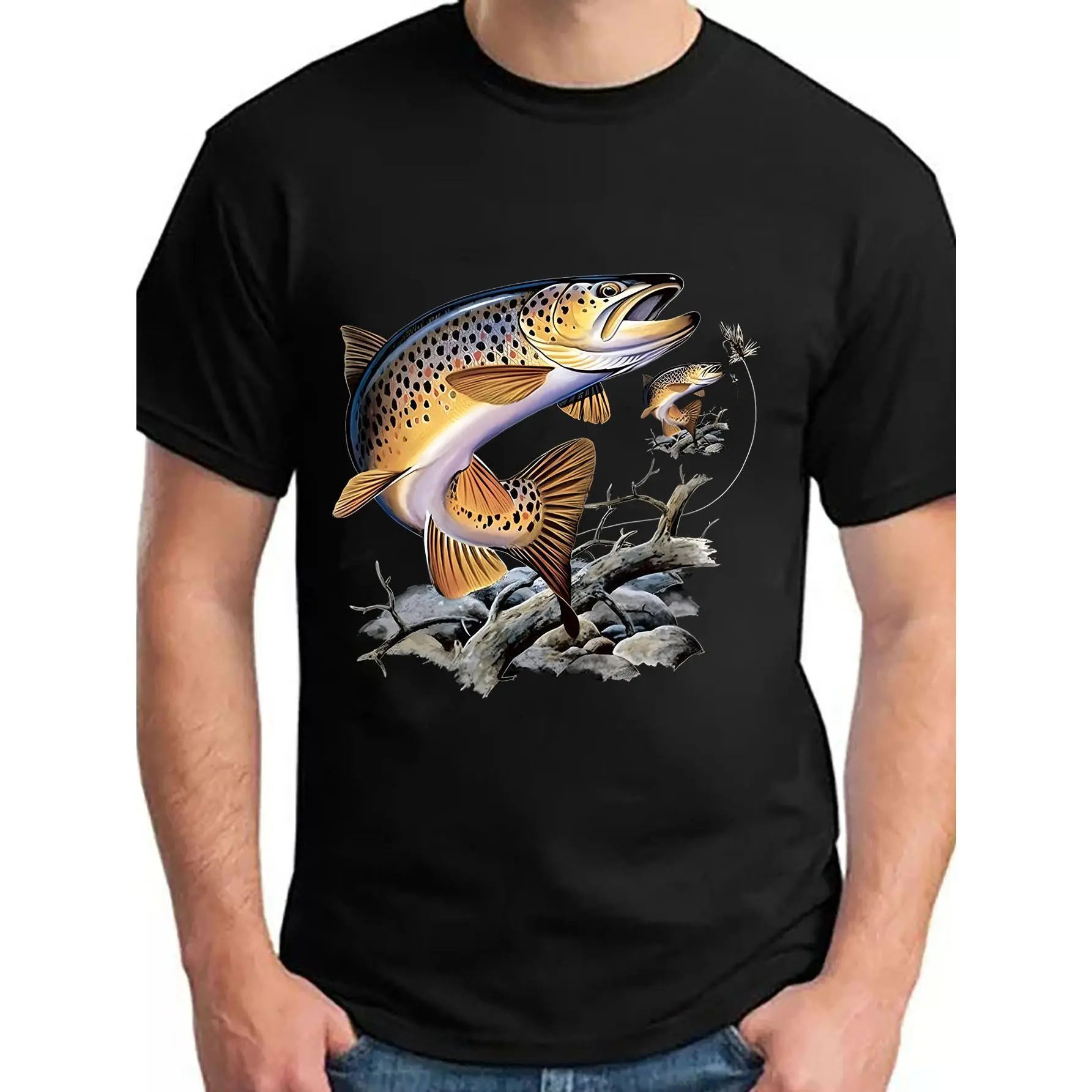 Men's 100% Cotton Round Neck Brown Trout Fishing Graphic Short-Sleeve T-Shirt - Designer Print, Breathable, Durable, Casual Outdoor Menswear Tops, H Size, All-Season Apparel, Street Style Tee Stylish