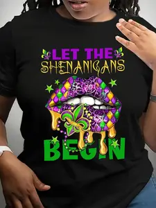 Women'S Mardi Gras Graphic T-Shirt - "Let the Shenanigans Begin" Print, Short Sleeve, Round Neck, Machine Washable, Black with Festive Purple, Green & Golden Design, Party Clothing |   Vibrant Tshirt |   Comfortable Fit