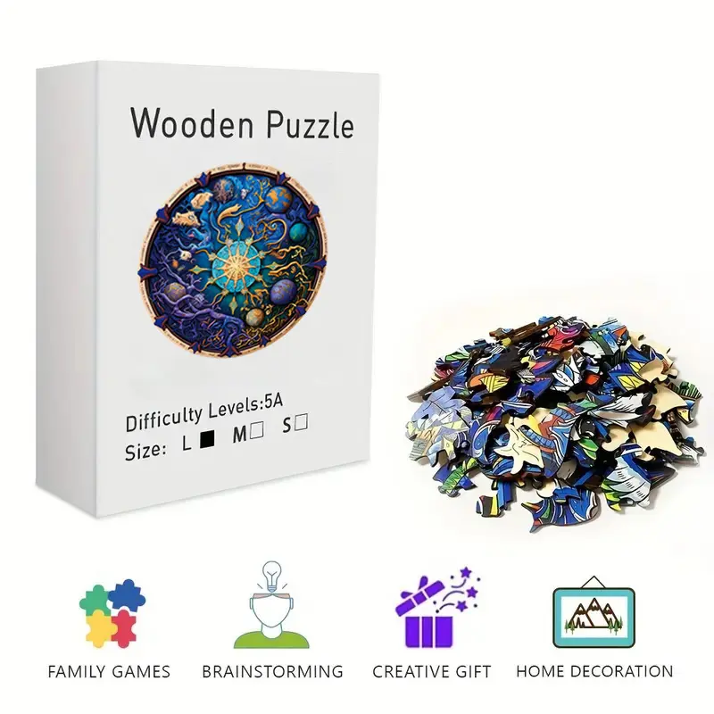 Wooden Jigsaw Puzzle for Adults & Kids - Unique Irregular Shape Fantasy Zodiac Mandala Puzzle, Challenging Brain Teaser, Artistic Home Decor Wall Art & Desk Ornament, Perfect for Stress Relief & Time Killing