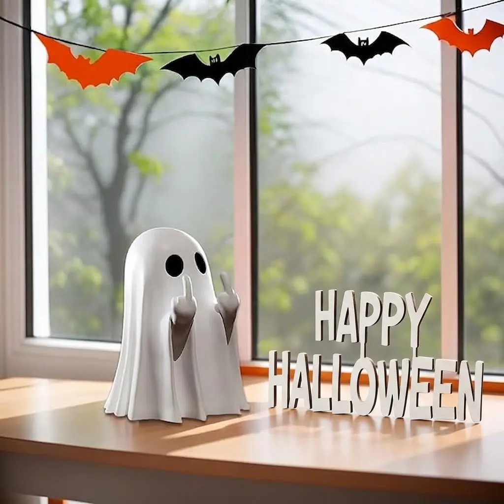 Halloween Middle Finger Ghost Statue - Bold & Funny Plastic Figurine for Desk Decor Unique Troll Gifts Office & Shelf Spooky Indoor Outdoor Festival Ornaments SassyGhost HalloweenDecor UnusualGifts Versatile Spooky Handheld Campfire Love Tabletop Adorable