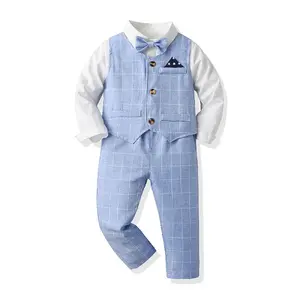 Kids Boys Gentleman Suit Boy Long Sleeve Bowtie Lapel White Shirts Tops+Elastic Waist Trousers Pants Vest Waistcoat 3pcs Children Casual Formal Clothes Boys Dress Suit Tuxedo Set Wedding Birthday Children's Day Easter Valentine's