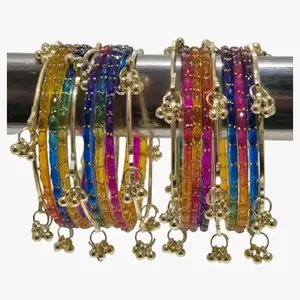 Colorful Glass Raindrop Bangles Set with 12 Glass & 4 Kashmiri Bangles Gold Accents Dangling Charms for Women's Fashion Jewelry 16 Pieces Total Size 2.4 2.6 2.8