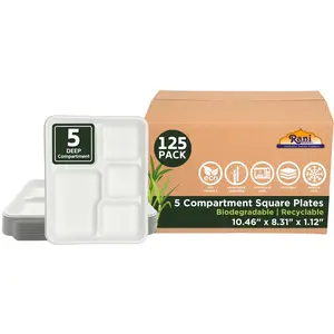 Rani 5 Deep Compartment Square Biodegradable Divided Plates, Pack of 125 ~ Party, Thali, Buffet | Disposable & Eco-Friendly | Heavy-Duty Sturdy Paper Bagasse | Premium Quality | 10.46" x 8.31" x 1.12"