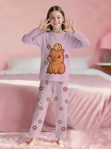 Cookies Capybara & Flowers Cute Girls 2-Piece Long Sleeve Pajama Set, Digital Print & Extra Long Pants, Flame Resistant, Soft 100% Polyester Loungewear, Cozy Sleepwear for Kids, Perfect Gift for Little Girls
