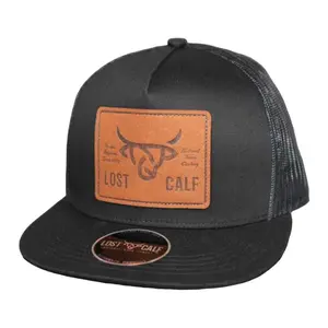 Lost Calf Unisex Leather Plate Flat Black Mesh Back Snapback Hats
