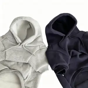 Small Dog Cozy Fleece Hoodie, Warm Plush-Lined Pullover with Wings Hat, Winter Apparel for Teddy Pomeranian, Grey & Navy All-Day Comfort Dog Hoodie