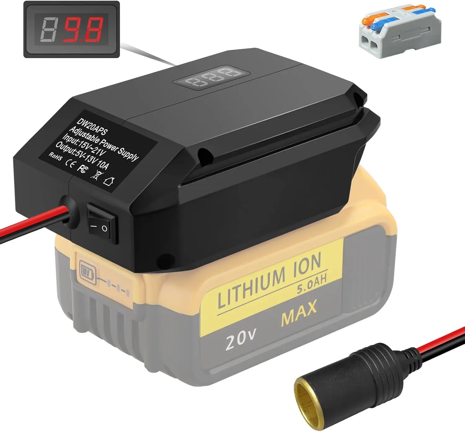 Lightweight Compact Dewalt 20V to 12V Step-Down Power Wheels Battery Adapter, DC 5V-13V Buck Converter Regulator with Fireproof ABS, High-Safety DIY Charger Power Station for Outdoor Users, Car Cigarette Plug