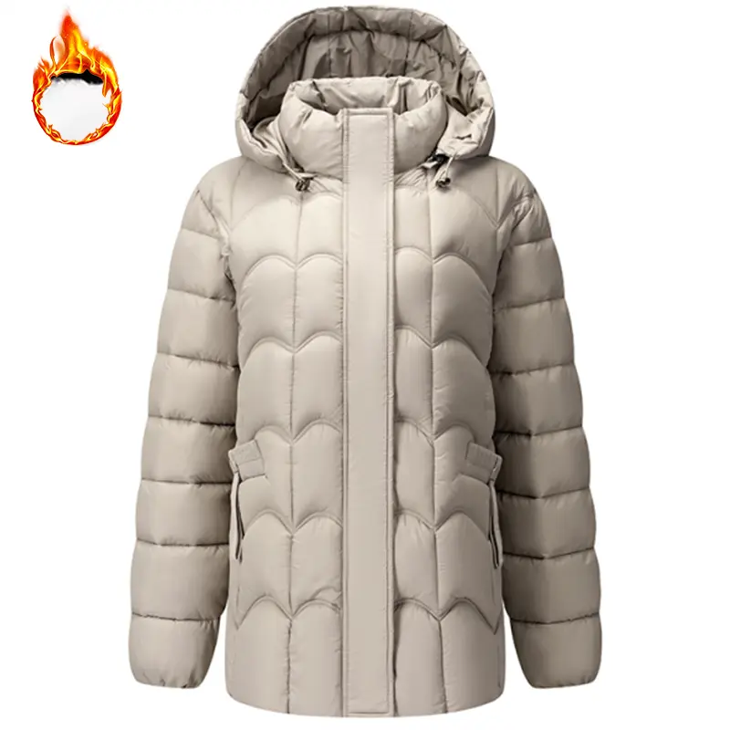 100% Polyester Women's Gray Quilted Hooded Jacket with Pockets and Zipper Closure for Cold Weather