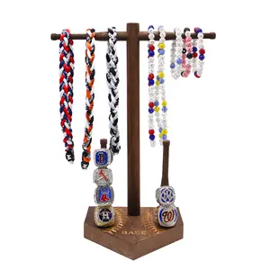 WoodIDEAL GIFT Wooden Baseball Softball Drip Necklace Organizer Holder with Championship Ring DisplaySports Ring Holder & Drip Necklace Storage for Baseball Players Gifts