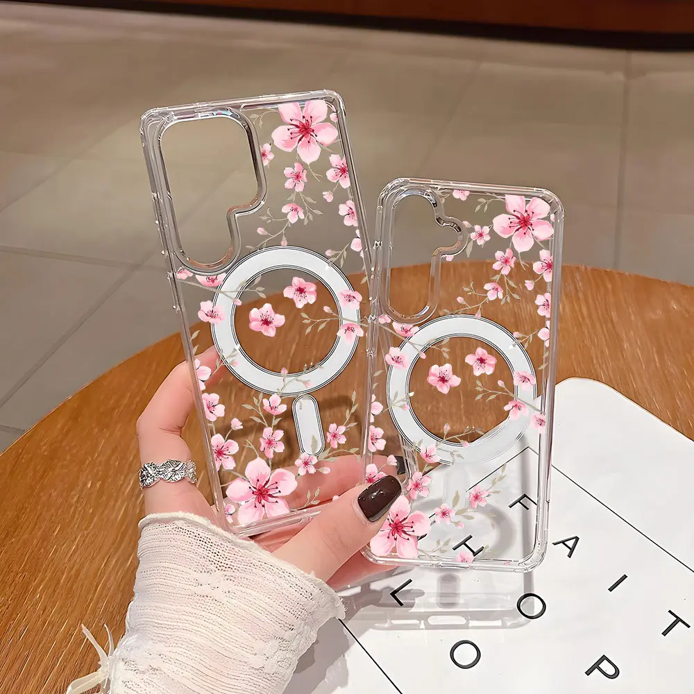 A Transparent Magnetic Phone Case Featuring a Pink Peach Blossom Design, Suitable for Samsung Galaxy S26 S25 S24 S23 S22 S21 S20 Fe Plus Ultra Edge S10E A57 A56 A55 A54 A37 A36 A35 A34 A26 A25 A24 A23 A17 A16 A15 A14 A07 A06 A05s Note20 Note10 Note9, Smar