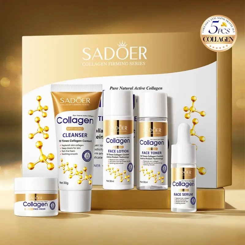 Collagen anti-wrinkle firming travel five-piece set: facial cleanser, toner, lotion, serum, cream; anti-aging and firming, moisturizing, Hydrating and smoothing, portable travel size, suitable for all skin types, Complete Care Bundle