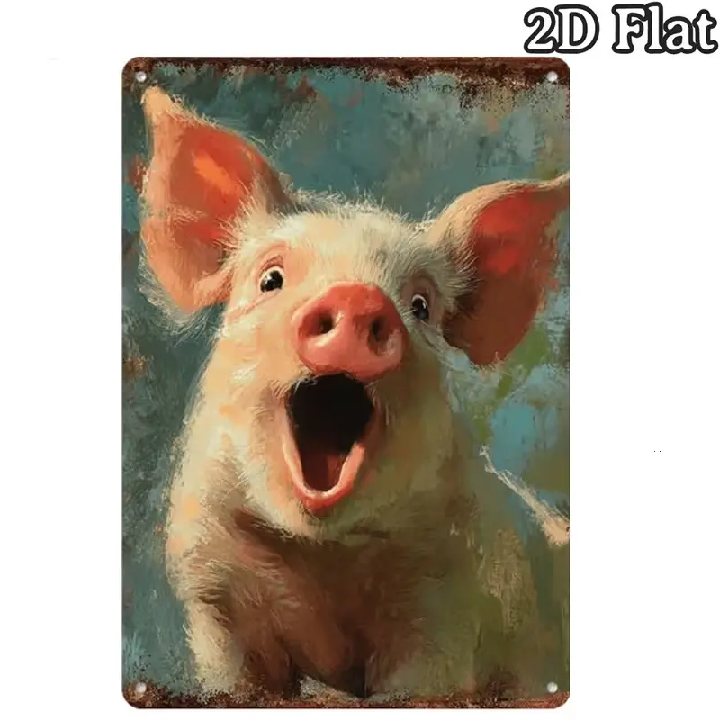 Vintage Distressed Metal Iron Tin Sign - Cute Screaming Baby Piglet with Big Pink Snout, Teal Rustic Background Decorative Wall Plaque for Farmhouse Kitchen, Porch Home Decor (Shabby Chic Country Pig Art)