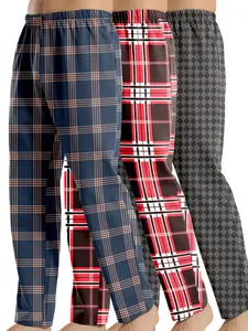 3-Pack Plaid Checked Print Loose-Fit Pajama Pants for Men, Large Size Youth Winter Sleepwear, Casual All-Season Home Wear Long Pants