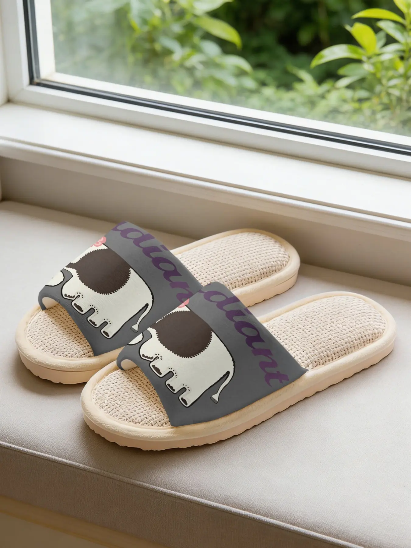 Women's Cartoon Elephant Print Linen Slippers, Breathable Sweat-Wicking, Soft Eva Sole, Non-Slip Quiet Home Shoes, All Seasons