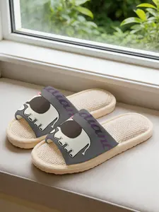 Women's Cartoon Elephant Print Linen Slippers, Breathable Sweat-Wicking, Soft Eva Sole, Non-Slip Quiet Home Shoes, All Seasons