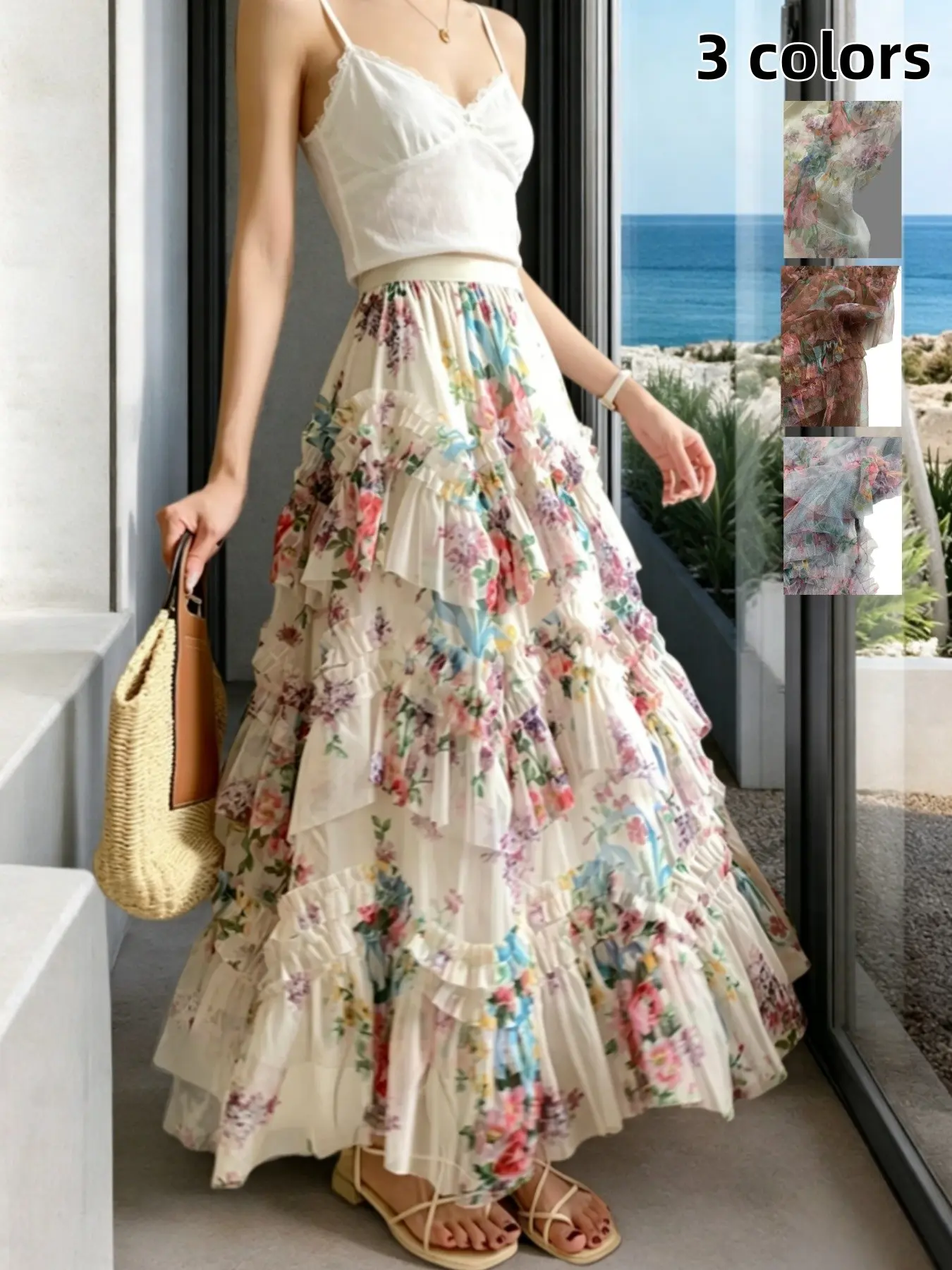 French Elegant Asymmetrical Lace Skirt, Boho A-Line Long Dress, Ditsy Floral Pattern, All Seasons, Perfect for Weddings and Parties