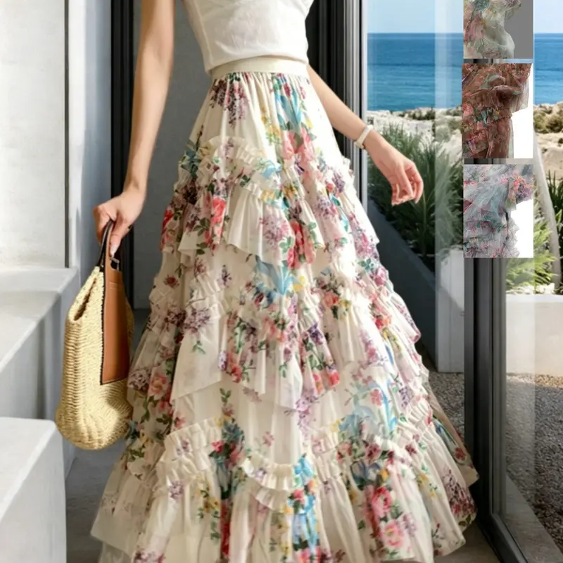 French Elegant Asymmetrical Lace Skirt, Boho A-Line Long Dress, Chic Boho Style, Ditsy Floral Pattern, All Seasons, Perfect for Weddings and Parties