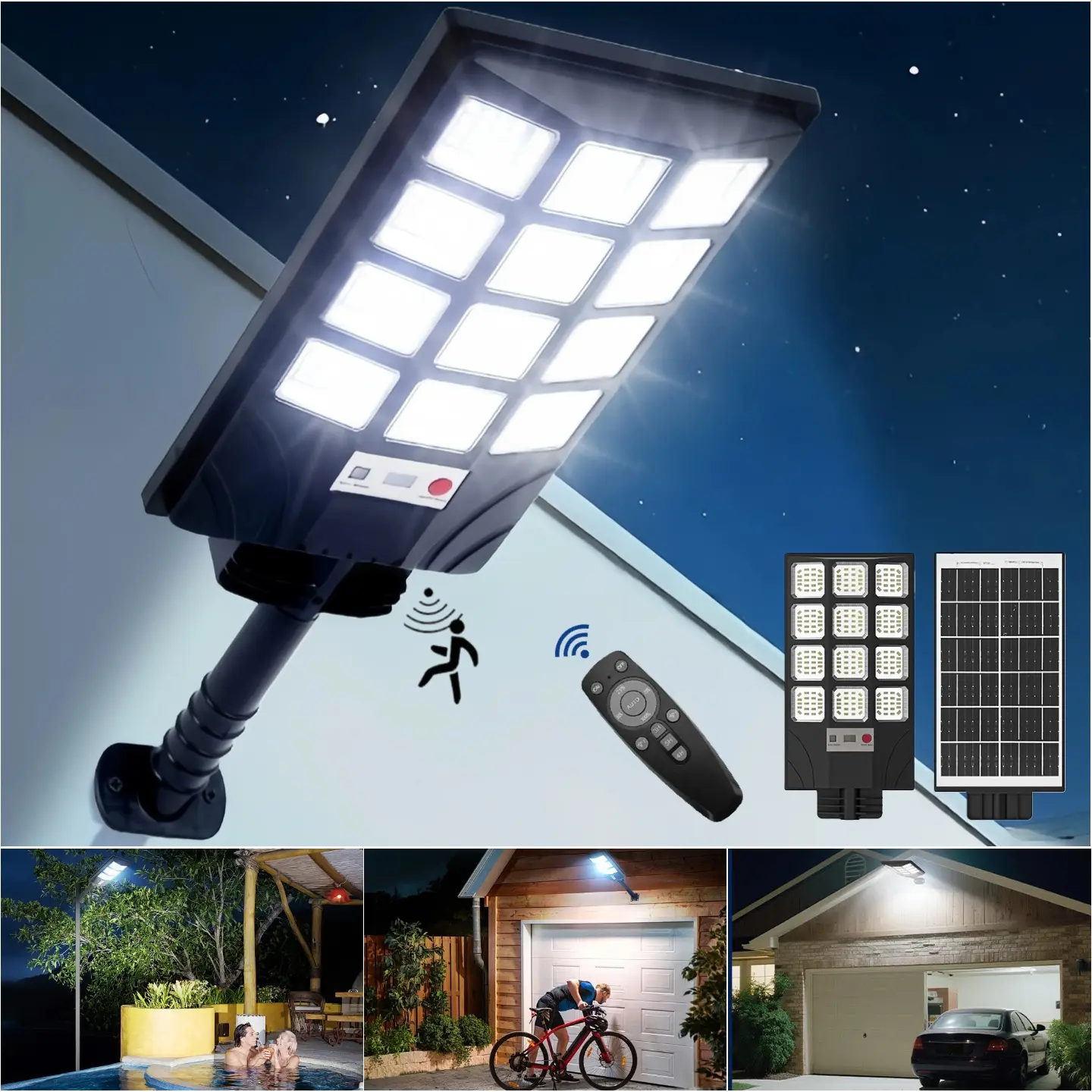 cvcpbu Newest Solar Outdoor Lights - IP65 Water Resistant, Eco-Friendly Solar Street Light with 192 SMD LED Bulb, Motion Sensor, Remote Control, Adjustable Angle, Auto Shut-Off, Dusk-to-Dawn for Commercial Areas (Battery-Powered), Batteries