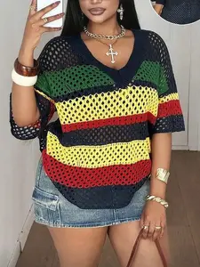 [Plus Size]Women's Plus Size Ice Silk Hollow Striped Vneck Long Sleeve Sun Protection Hoodie, Casual Loose Fit Beachwear Knit Top, Fashionable Lazy Style