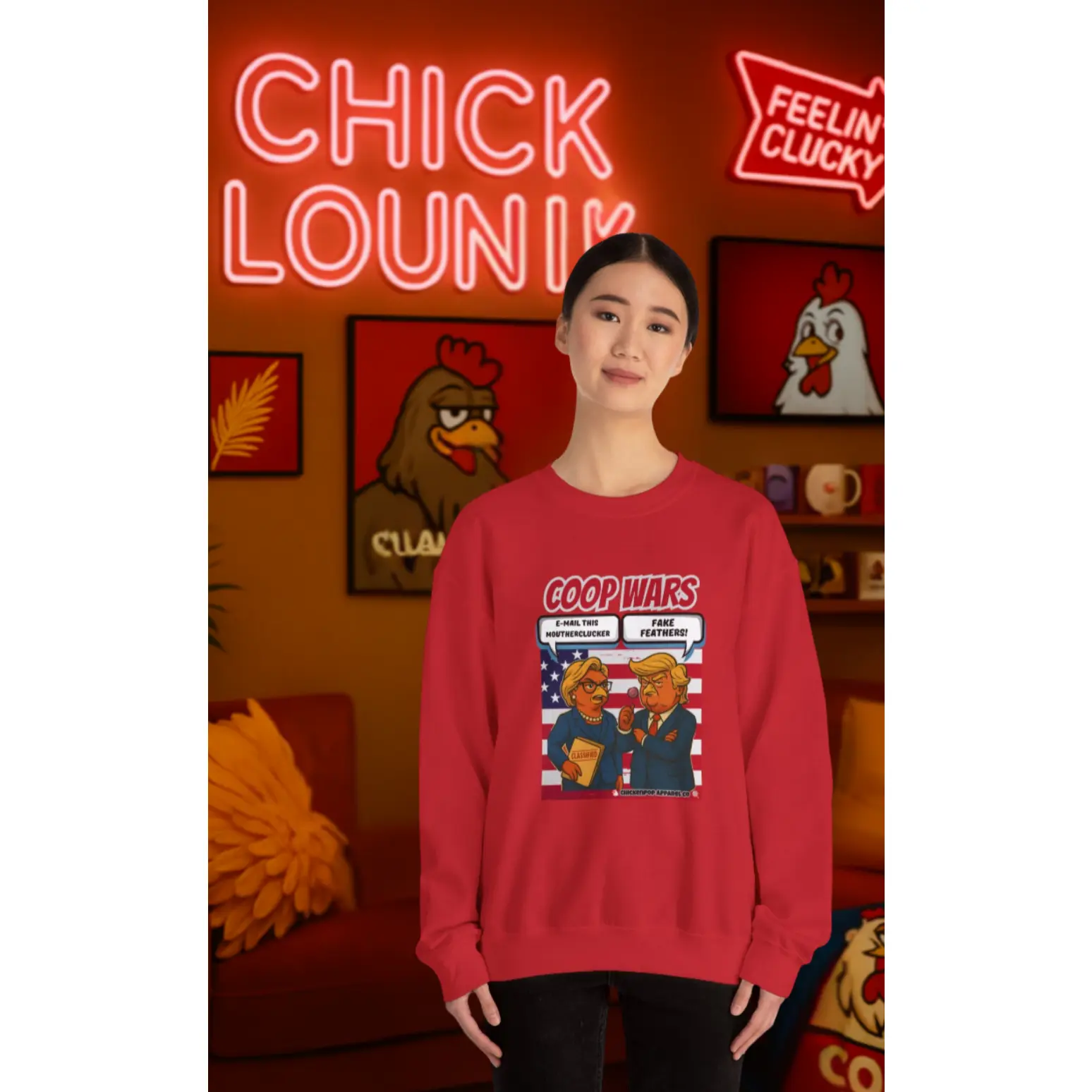 Coop Wars Crewneck Sweatshirt – Funny Political Graphic Pullover | Unisex Heavy Blend with ChickenPop Logo | Cock-A-Doodle Don & Cozy Cold-Weather Humor