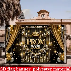 2D Flat 1pc Prom 2026 Backdrop Banner, Black Gold Glitter Crown Rose Balloon Photography Background, Ideal for High School Prom, Homecoming Dance, Graduation Party, Formal Event, Photo Booth Decor, Party Decoration, Multiple Sizes Available