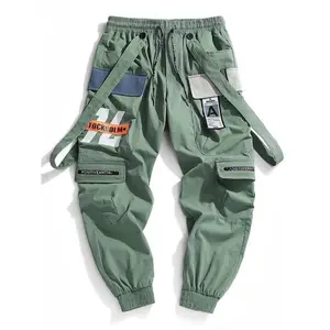 Men's Letter Print Patched Drawstring Waist Cargo Pants, Casual Loose Multi-pocket Belt Decor Convertible Trousers for Daily Wear, Fashion Men's Bottoms for All Seasons