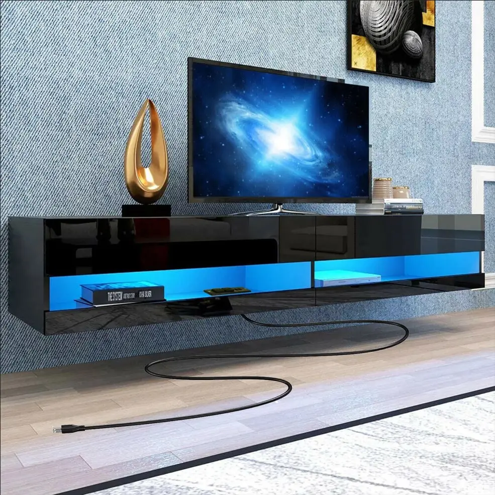 Floating TV Stand Wall Mounted with LED Lights and Power Outlets, 71’’ Modern High Gloss Entertainment Center for 85 inch TVs, Media Console Hanging T