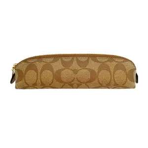 COACH Signature Canvas and Leather Pencil Case for Women, Small Cosmetic Bag in Khaki
