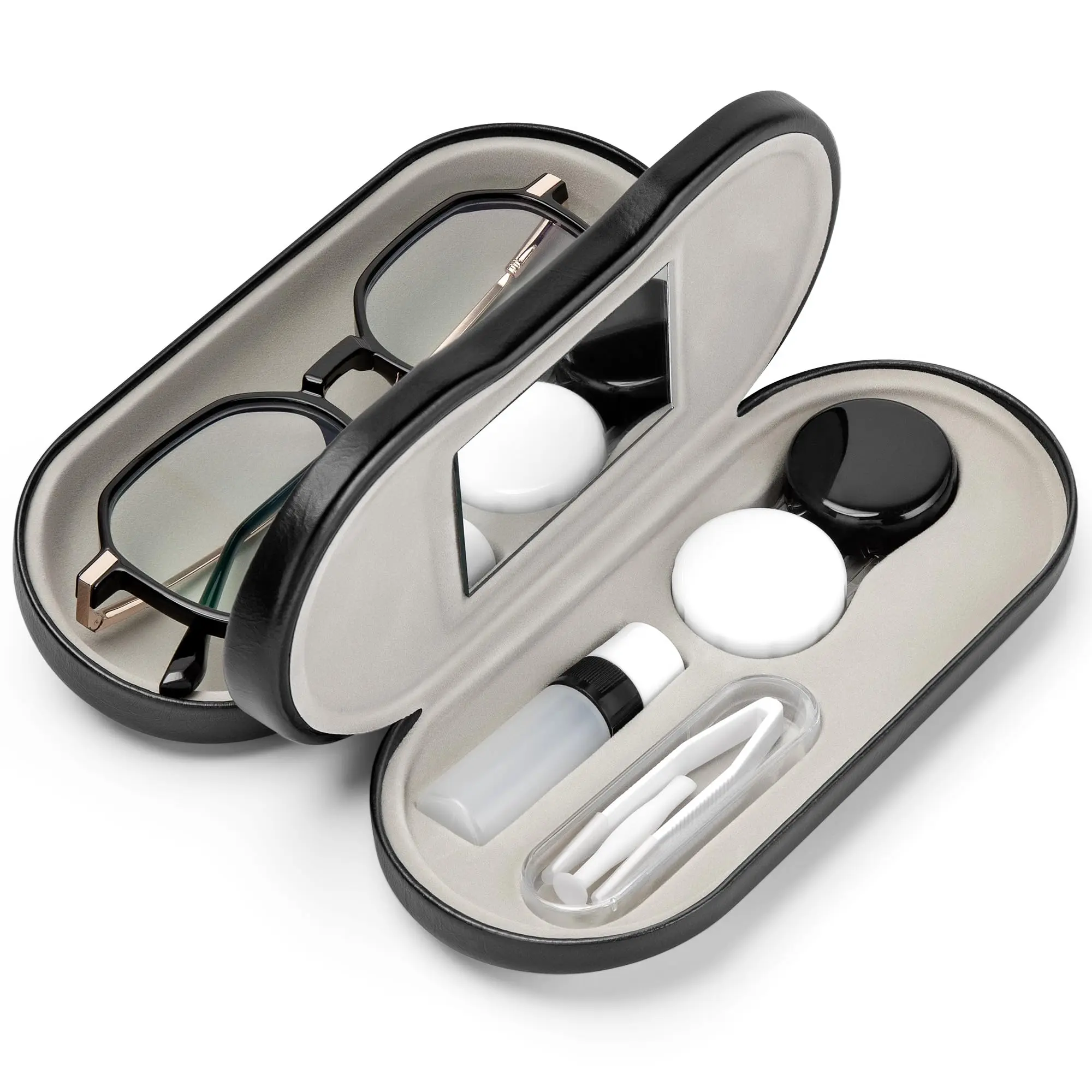 2 in 1 Contact Lens and Glasses Case Double Sided Portable Eyeglasses Case with Built-in Mirror Tweezer Remover and Contact Lens Solution Bottle Storage Kit for Travel Outdoors Daily Use