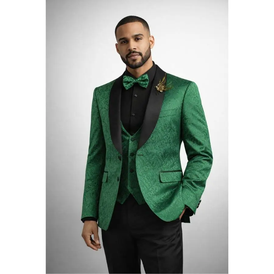 Men's Emerald Green Jacquard Tuxedo 3-Piece Suit