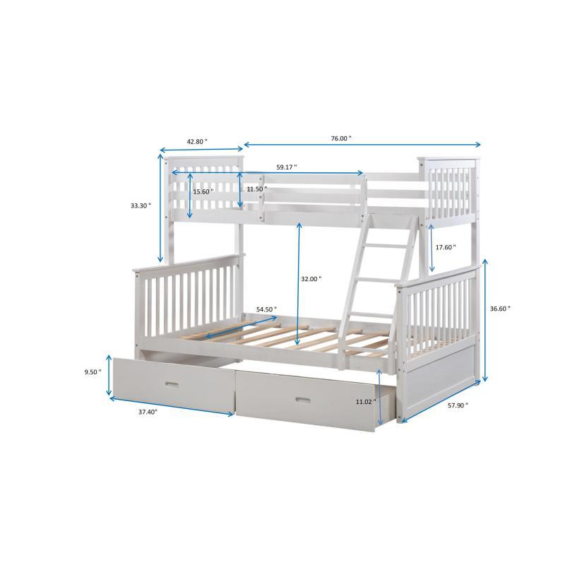 Twin Over Full Bunk Bed with Storage Drawers, Wooden Bunk Bed with Ladder and Safety Guard Rails,One bed for multiple purposes: it is a family bed, storage cabinet, and even a gaming paradise