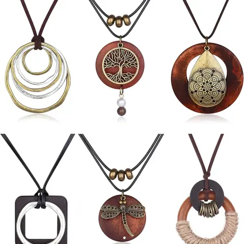 6Pcs Boho Wooden Pendant Necklaces Set for Women Men Long Layering Y-Necklaces with Peace Sign for Fall Sweaters, Vintage Hippie Jewelry Gift Stacking Necklace