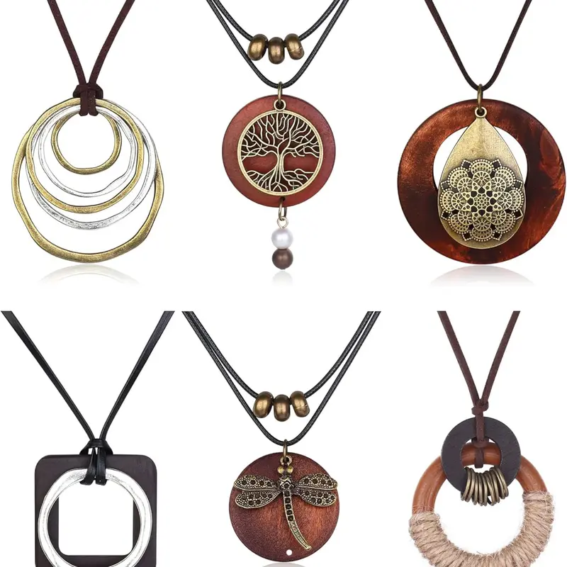 6Pcs Boho Wooden Pendant Necklaces Set for Women Men Long Layering Y-Necklaces with Peace Sign for Fall Sweaters, Vintage Hippie Jewelry Gift Stacking Necklace