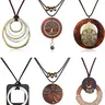 6Pcs Boho Wooden Pendant Necklaces Set for Women Men Long Layering Y-Necklaces with Peace Sign for Fall Sweaters, Vintage Hippie Jewelry Gift Stacking Necklace