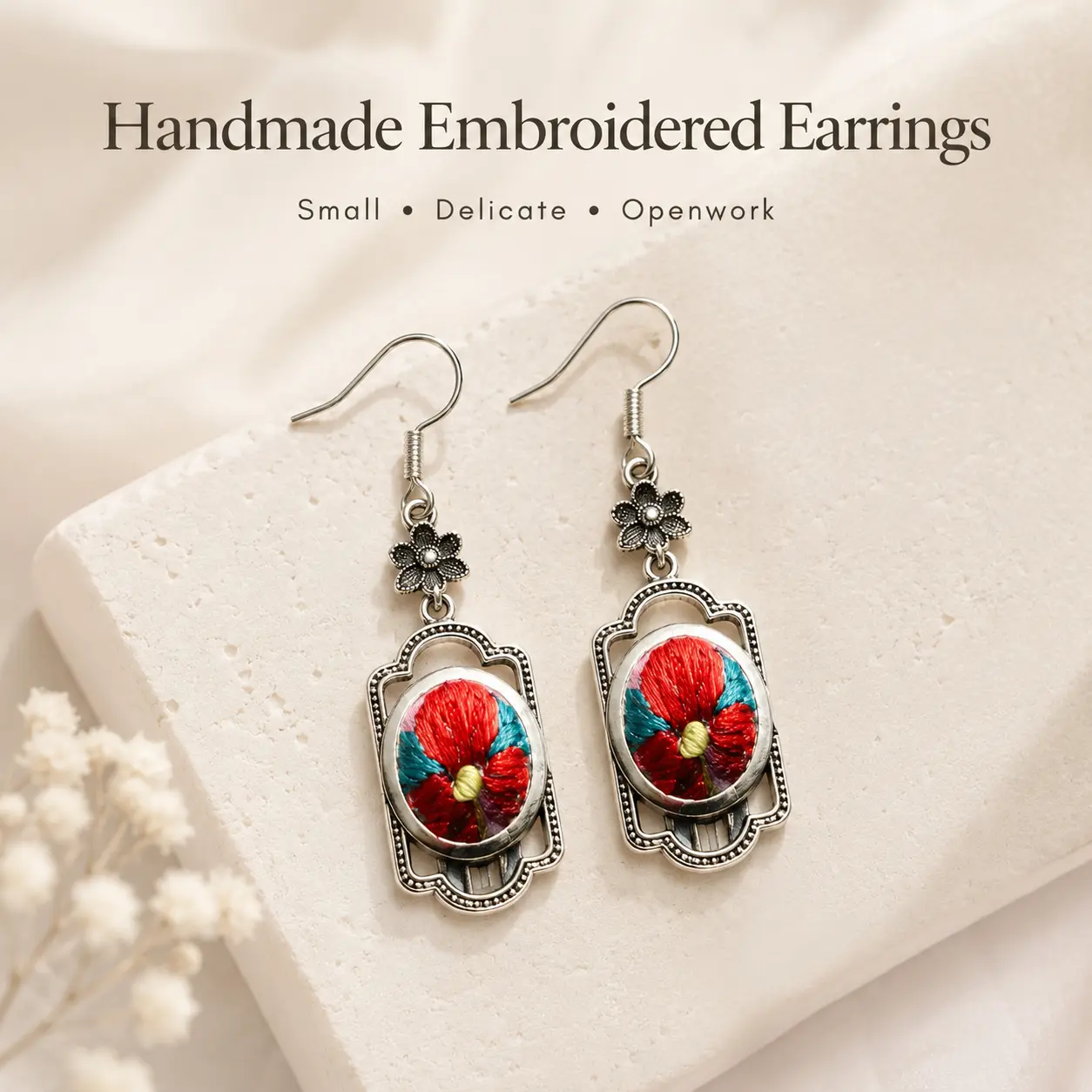 Handmade Miao-Inspired Dangle Earrings for Women, Vintage Floral Embroidery in a Silver-Tone Openwork Window Frame, Lightweight Boho Gift, Unisex
