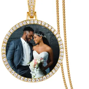 Custom Necklace For Men Women, Picture Necklace Personalized Photo Pendant With Engraving Text, Custom Memorial Pendant Cubic Zirconia,Big Round Size-1.8 * 2.5in