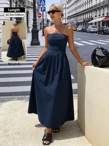 Women's Denim Dark Wash Elastic Sleeveless Halter Dress, Summer Waist Cinched Long Gown, Vintage Blue Strapless Halter, Casual Loose-Fitting Jumpsuit, Casual Fashionable Dress