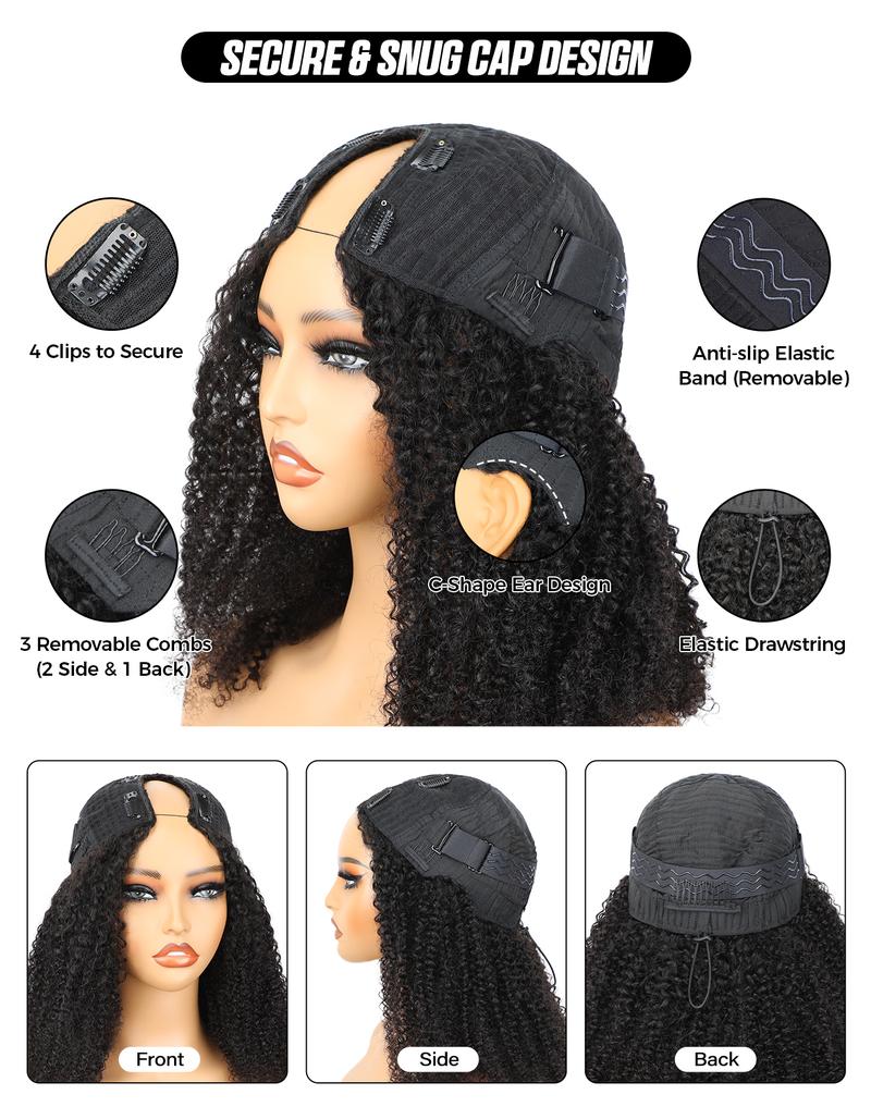 OQ HAIR Afro Curly Glueless V Part Wigs With Drawstring No Leave Out Thin Part Human Hair Wig Beginner Friendly Upgrade U part Wig Without Leave out