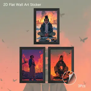 2D Flat Wall Art Sticker, 3Pcs PVC Self-Adhesive Framed Wallpaper, Cyberpunk Sunset Street Hip-Hop Teen Illustration Wall Decals, Aesthetic Urban Graffiti Style Art Wall Decor for Living Room, Bedroom, Perfect Gift for Music & Basketball Fans