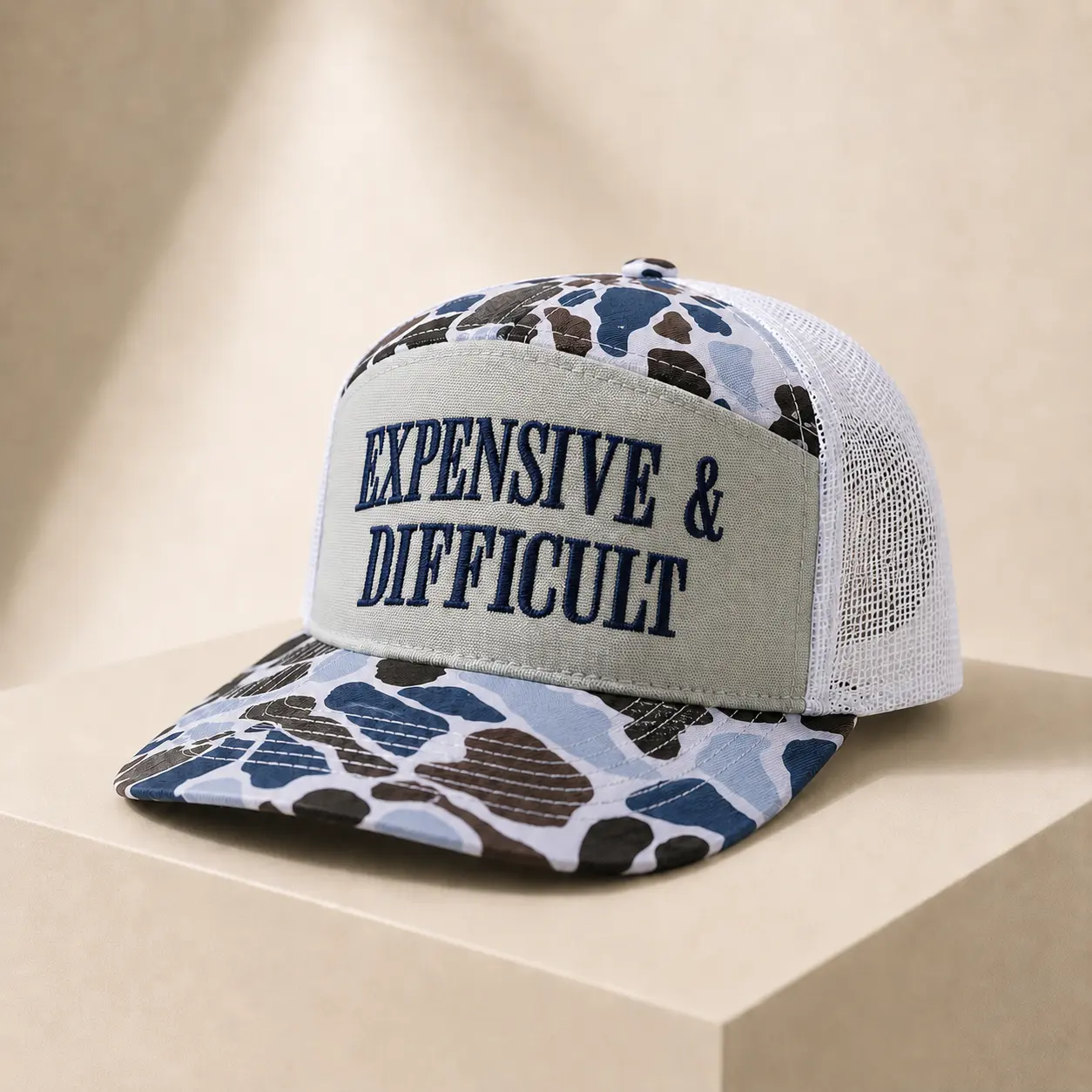 Expensive & Difficult Embroidered Trucker Hat – Vintage Camo Mesh Snapback Cap, Funny Statement Adjustable Baseball Hat for Men & Women