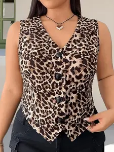 New Summer Leopard Print Fitted Short Sleeveless Vest, V-Neck Backless Design, Trendy Women's Fashion Top, Perfect for Casual Wear & Daily Womenswear